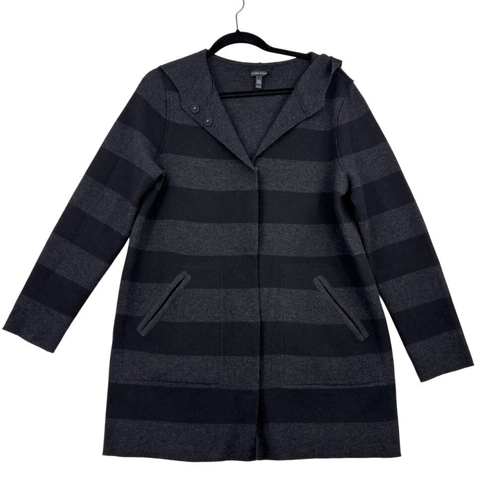 Eileen Fisher Jacket XS Black Gray‎ Stripe Merino Wool Reversible Hooded Snaps